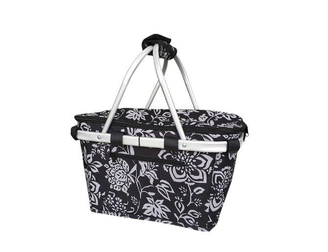 A black and white floral insulated carry basket with a lid and silver handles. It has a branded logo.