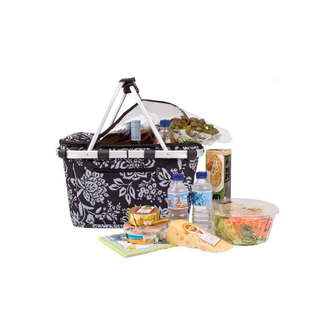 An insulated black carry basket with a lid, filled with various food items, bottles of water, and a salad container.