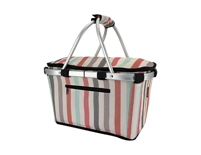 A striped insulated carry basket with a lid, featuring silver handles and a zippered pocket.