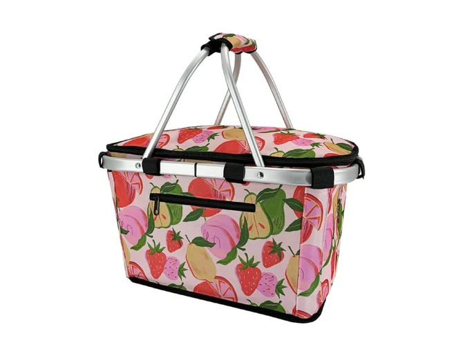 A pink insulated carry basket with a lid, featuring a colourful fruit design and silver handles.