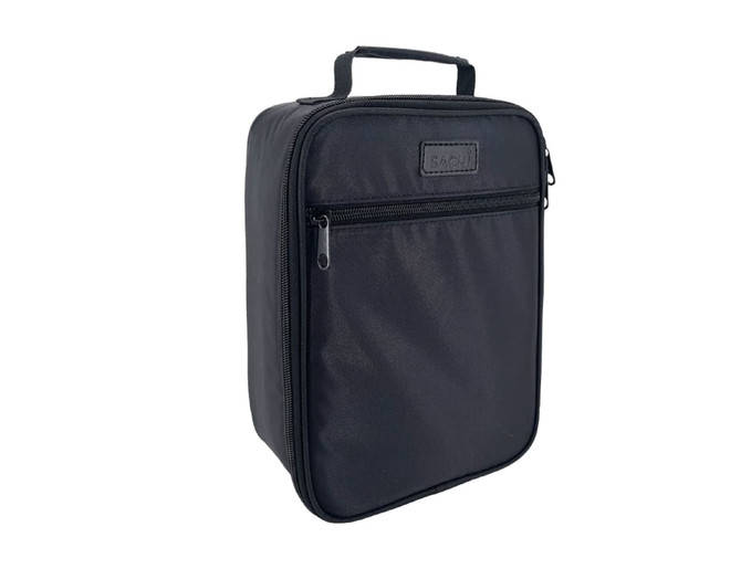 A black insulated junior lunch bag with a zipped front pocket and a handle on top. It features a logo.