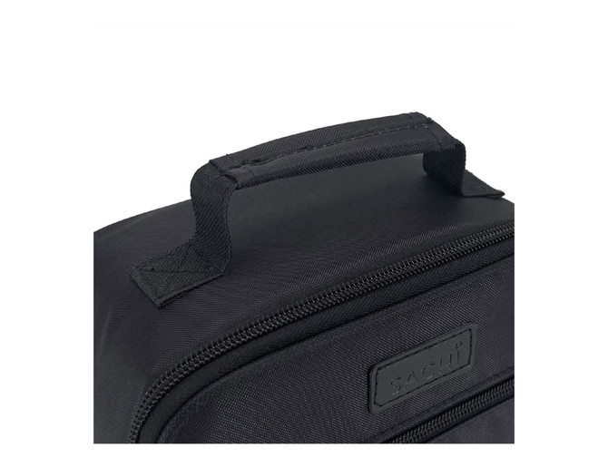A black insulated lunch bag with a top handle and a zippered pocket. The bag features a logo on its surface.