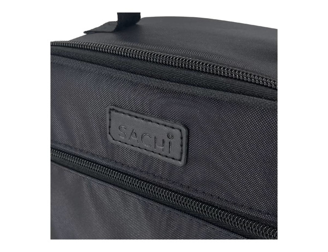 A black insulated lunch bag with a zipper and a branded logo on the front.