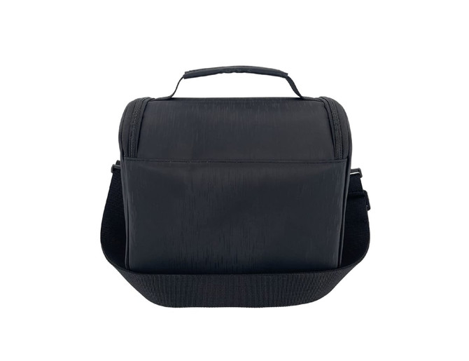 A black insulated lunch bag with a handle and adjustable shoulder strap, featuring a logo on the front.