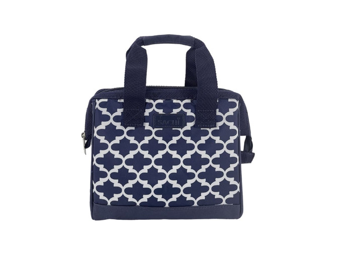 A navy insulated lunch bag with a geometric pattern and two sturdy handles, featuring a logo on the front.