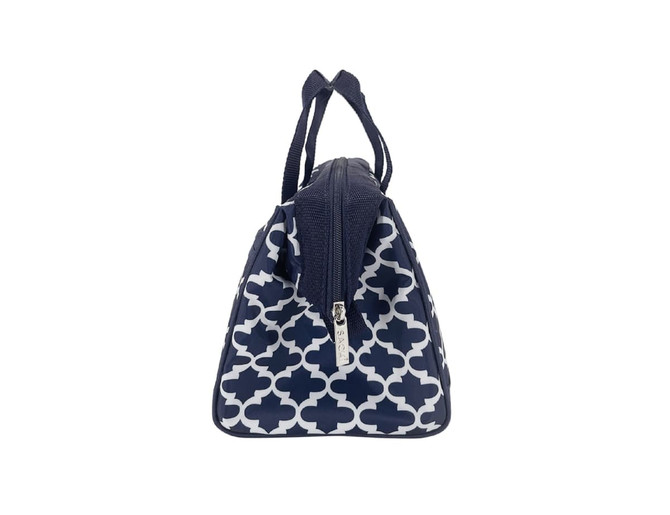A navy insulated lunch bag with a white geometric pattern and dual handles, featuring a zip closure and branding.