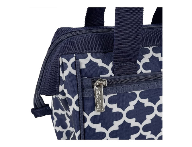A navy blue insulated lunch bag featuring a geometric pattern and a zippered pocket, with a branding tag.