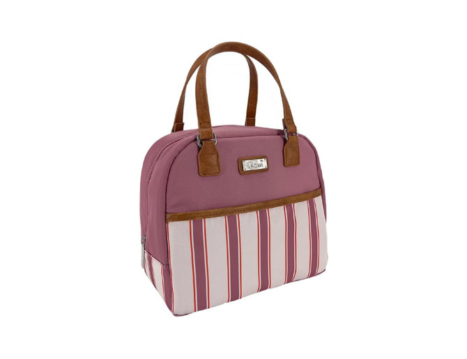A pink and cream insulated lunch bag with striped design and brown handles; features a logo on the front.