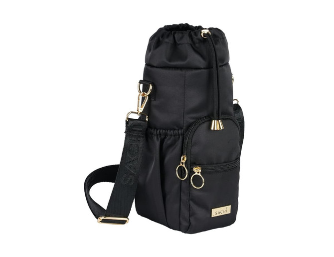A drink bottle bag in black with gold accents, featuring a zippered pocket and an adjustable strap.