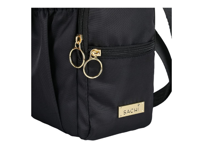 A drink bottle bag in black with two zippered compartments and a gold logo tag.