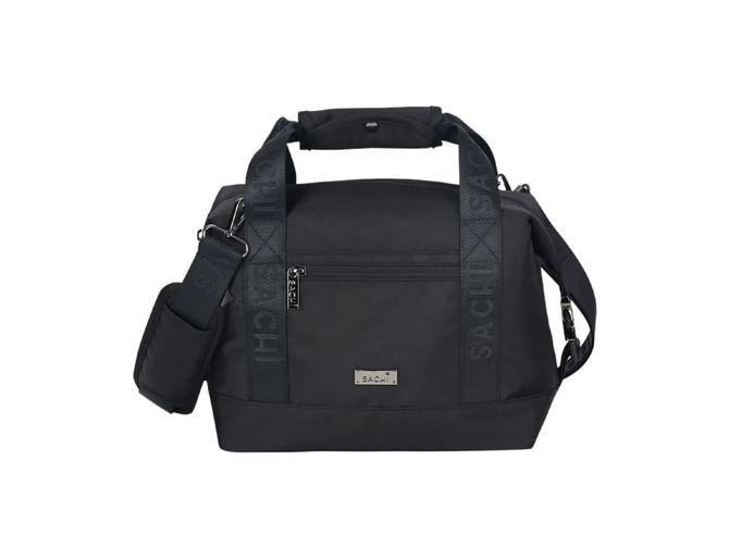 A black insulated cooler bag with adjustable straps and a front zip pocket, featuring branding on the straps.