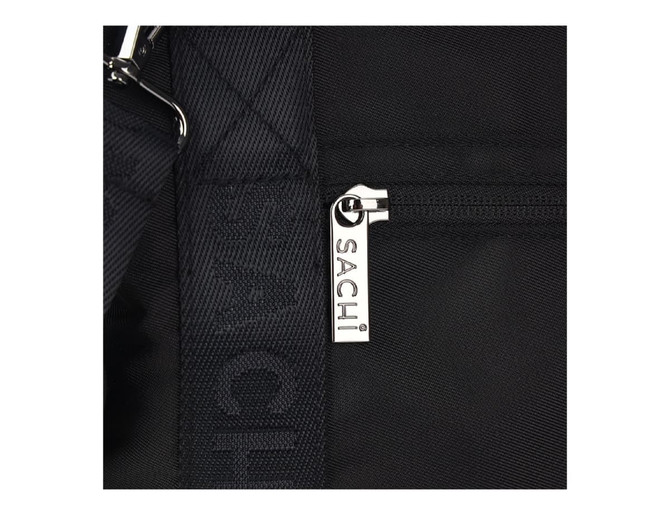 A close-up of a black insulated cooler bag featuring a silver zipper pull and branding detail.