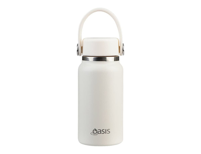A drink bottle in white with a stainless steel cap and handle, featuring a logo.