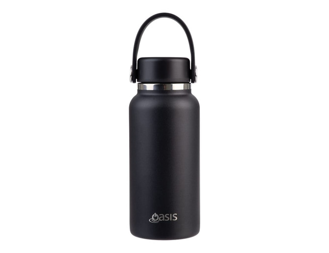 A drink bottle in matte black with a stainless steel rim and a carry handle, featuring a logo.
