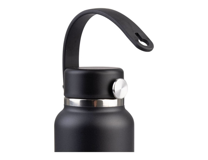 A drink bottle in matte black with a silver band and a black carry strap. It features a round lid with a logo.