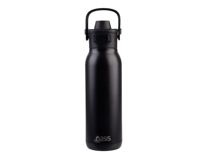 A drink bottle in matte black with a dual spout, crafted from stainless steel and featuring a logo.