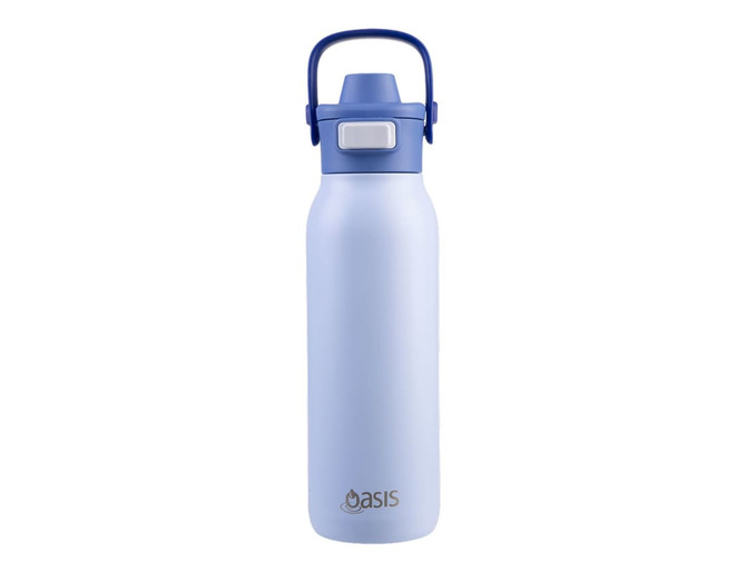 A drink bottle in light blue with a darker blue lid and a brand logo on the side. Features a dual spout.