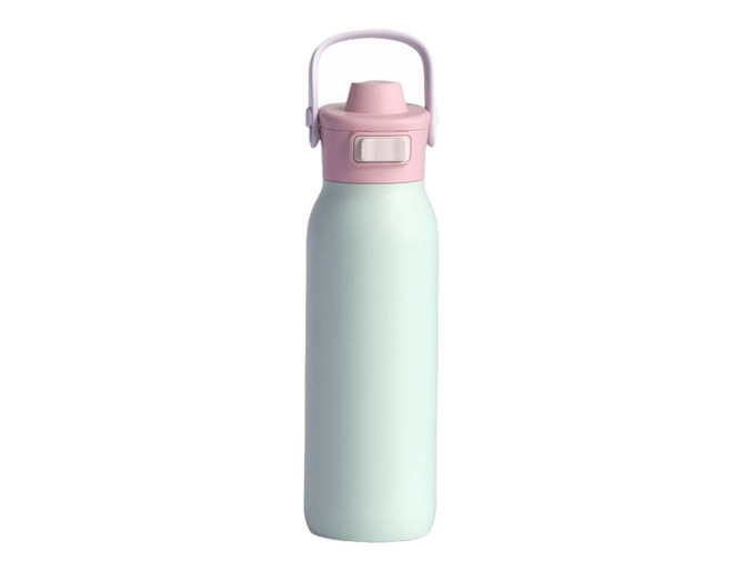 A drink bottle featuring a ceramic-lined stainless steel design, in mint green with a pink lid and handle, with a logo.