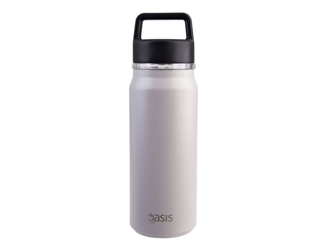 A drink bottle in light grey with a black chug spout and handle, featuring a small logo.