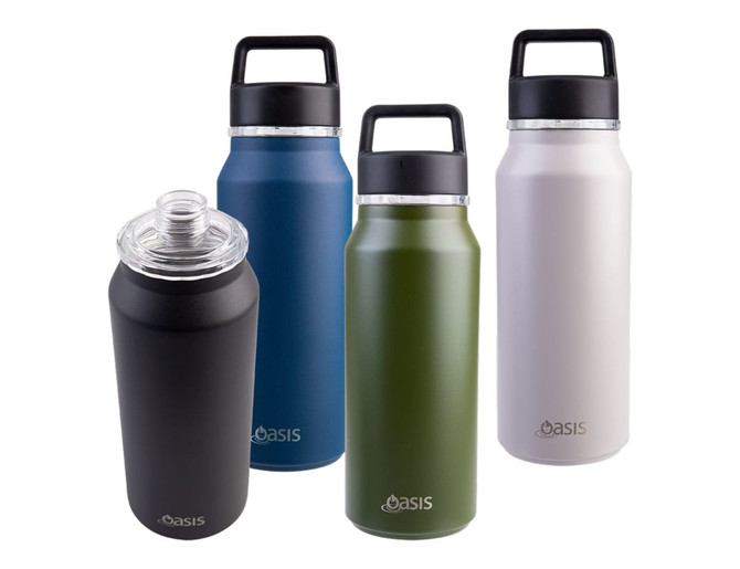 A drink bottle collection featuring a black, blue, olive green, and white insulated design, each with a chug spout.
