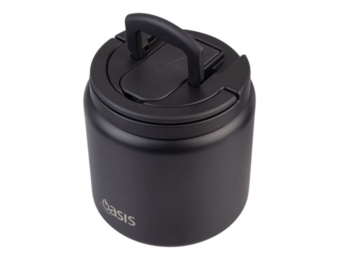 A food flask in matte black with a quick release lid, spork included, featuring a handle and a logo.