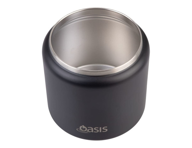 A food flask in matte black with a stainless steel interior, featuring a spork and a quick release lid.