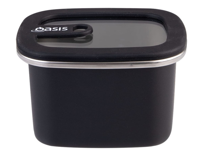 A rectangular stainless steel container in black with a clear lid and a silicone seal. It features a logo.