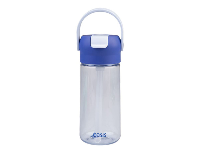 A drink bottle with a clear body, blue lid, and a carrying handle, featuring a logo. Holds 460ml.