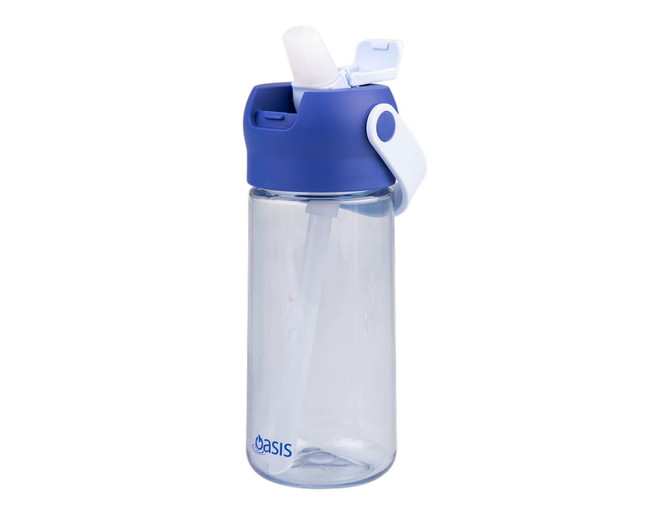 A drink bottle made of clear Tritan material with a blue lid and a flip-top spout. It features a straw and a logo.
