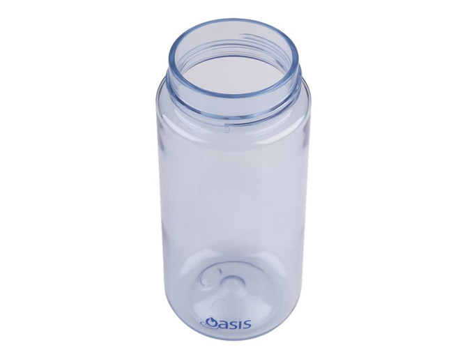 A drink bottle in clear tritan plastic with a blue lid and an applied logo. It has a capacity of 460ml.