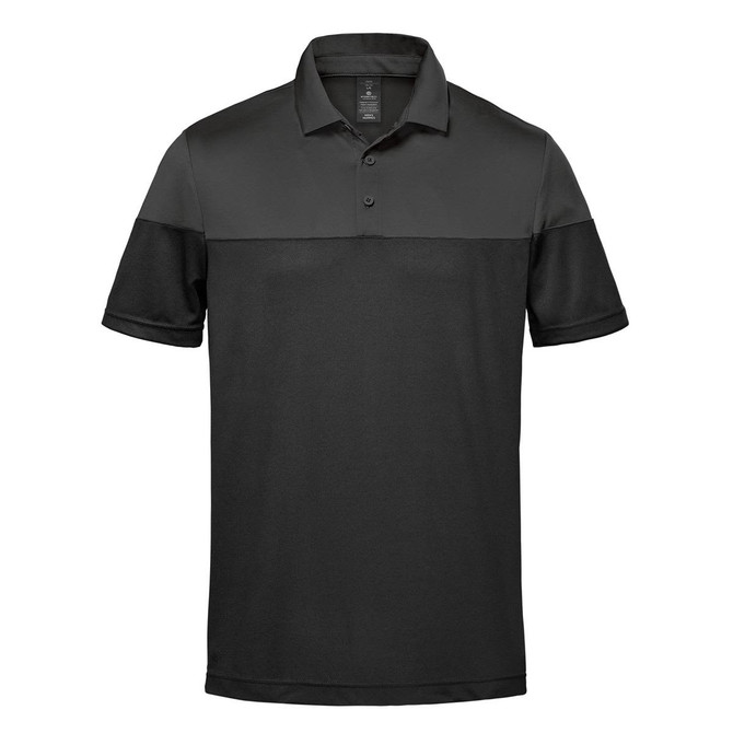 A Men's Monterey Two-Tone Polo in black, featuring a short-sleeve design and a logo on the chest.