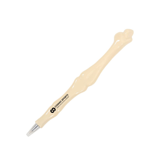 A bone-shaped pen in a light cream colour with a black logo on the side.