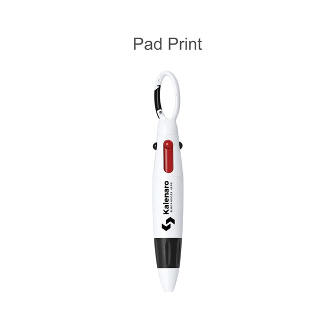 A white pen with a black branding logo and a red button, featuring a carabiner clip.