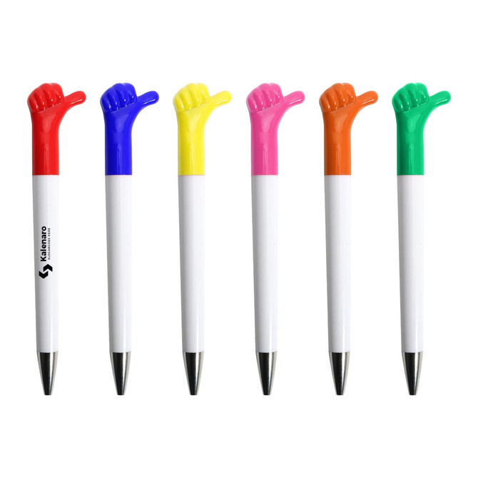 A set of six pens with colourful thumbs-up grips in red, blue, yellow, pink, orange, and green. Each pen has a white body and a logo.