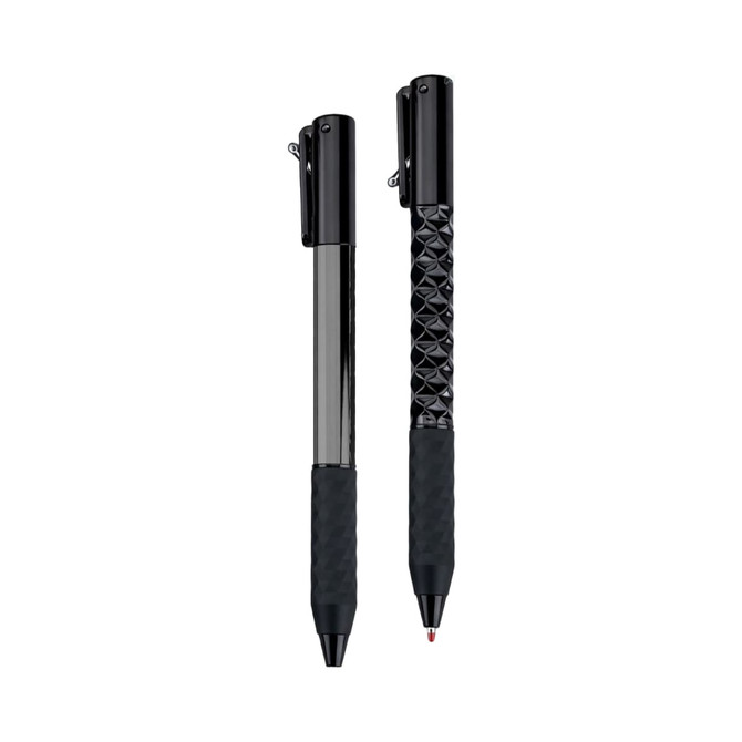 Two black pens with different textures, one smooth and one patterned, featuring clips for attachment.
