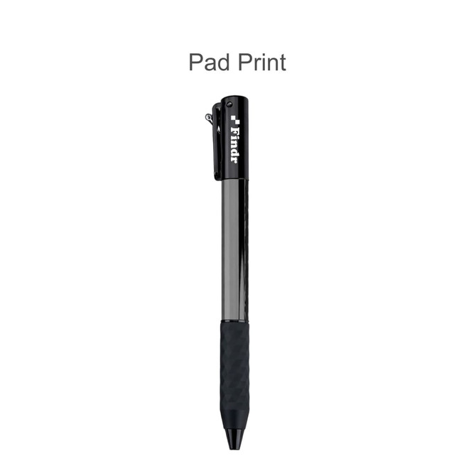 A black plastic pen with a clip, featuring a textured grip and a sleek design. It includes a branding logo.
