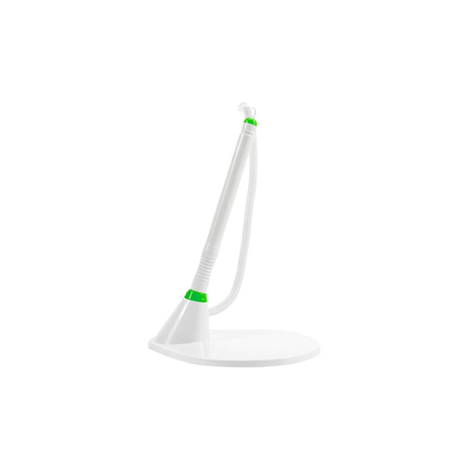 A white pen with a green accent on a fixed stand, featuring a flexible hose attachment.