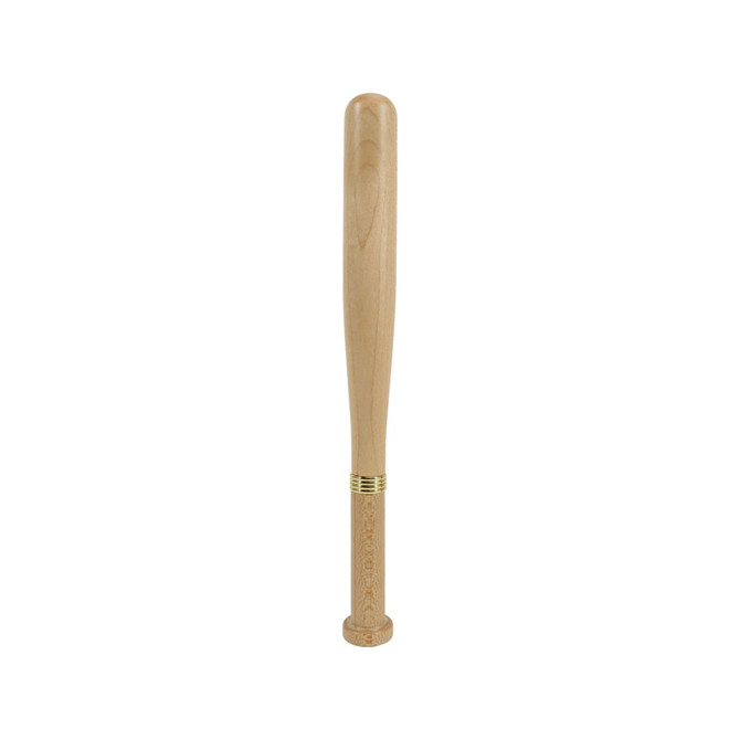 A baseball bat-shaped pen in a light wood colour, featuring a gold band near the writing end and a logo.
