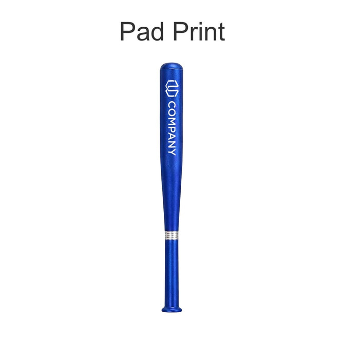 A blue plastic pen shaped like a baseball bat, featuring a logo on its side.