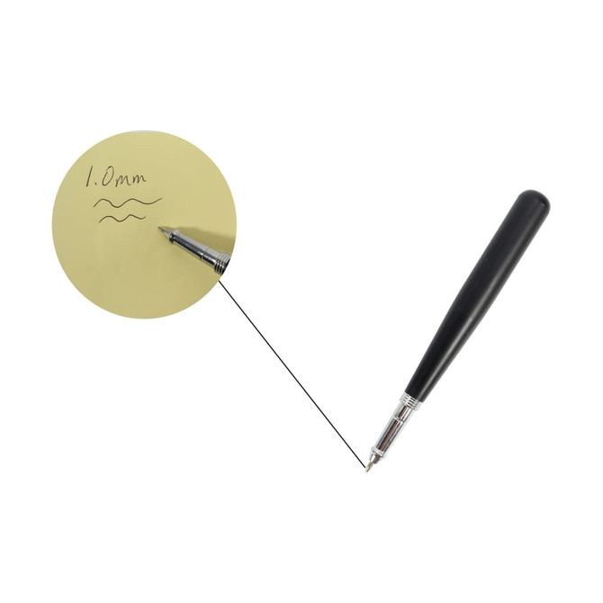 A black pen in the shape of a baseball bat, featuring a metallic clip and fine tip for writing.