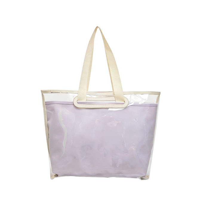 A lavender tote bag with a detachable clear PVC cover and cream handles. It includes a zippered inner pouch.