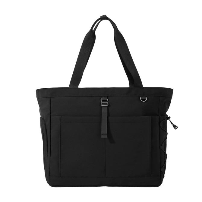 A black lightweight tote bag with two straps and multiple exterior pockets. Features a logo on the front.