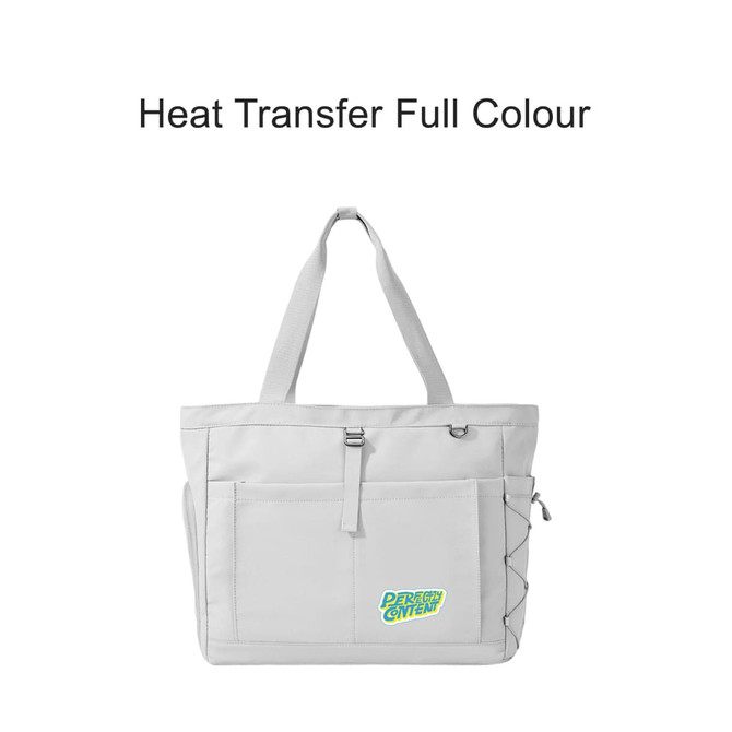 A lightweight tote bag in grey with a front pocket and a logo, featuring sturdy handles and adjustable side straps.