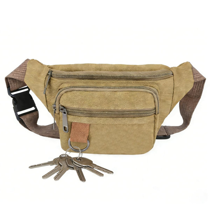 A tan canvas waist bag with multiple zippered pockets and a key ring attached, featuring a brown strap.