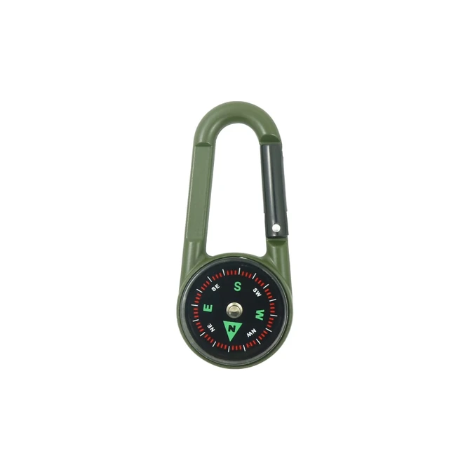 A green carabiner featuring a compass and thermometer, with a black dial showing cardinal directions.