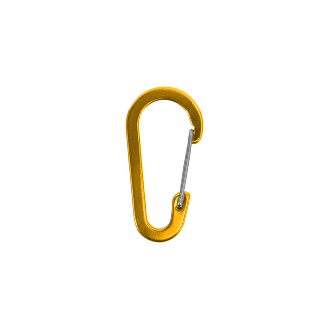 A gold D Type aluminium alloy carabiner hook with a silver metal clip. It has a simple, curved design.