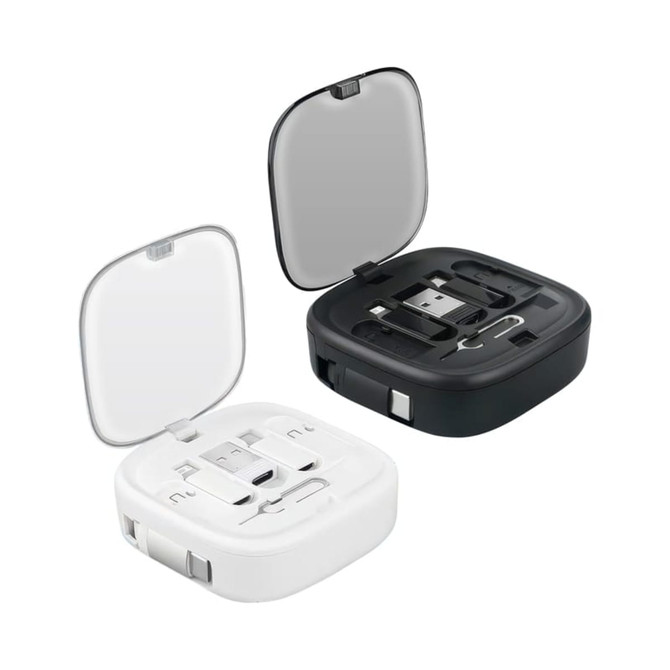 A retractable charging and data cable set in black and white cases, featuring connectors for various devices.