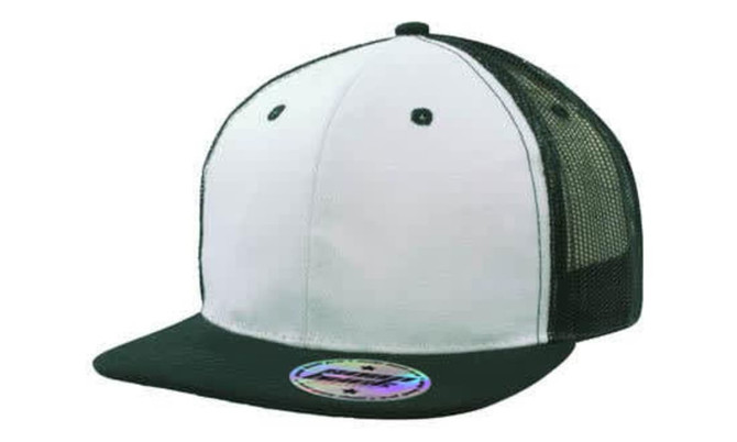 A premium snapback cap in white and black, featuring a mesh back and a circular logo sticker on the brim.