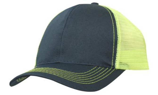A navy cap with a breathable mesh back in bright yellow and contrasting stitching. It features a logo.