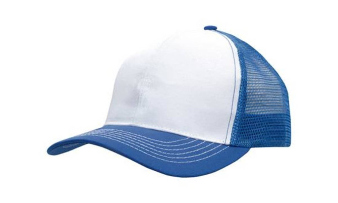 A white and blue cap featuring a breathable poly twill front and a mesh back, with a curved brim.